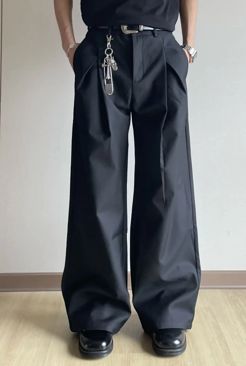 Pantalon de costume vintage plissé à jambe large en sergé pour homme, coupe ample, droit, avec braguette boutonnée, style classique